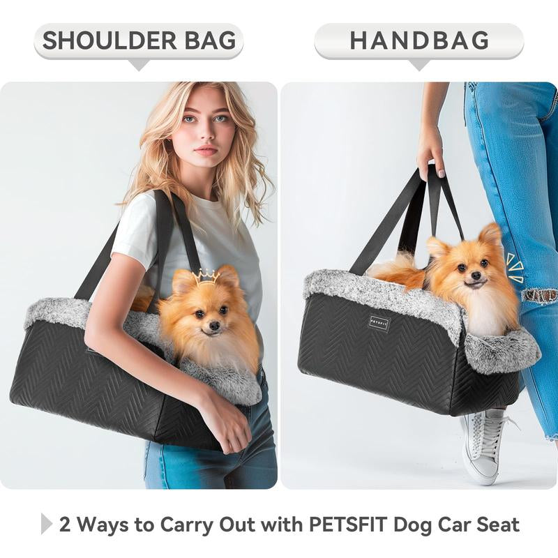 PETSFIT Luxury Dog Car Seat: Center Console W/Dual Safety Hooks & Tether for Small Pets (12Lbs). Portable Secure Travel