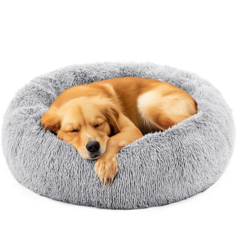 Calming Donut Bed for Small Pets – Faux Fur, Anti-Anxiety, Waterproof & Non-Slip, Brown, 20×20×8 in