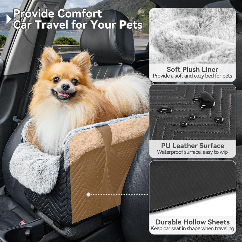 PETSFIT Luxury Dog Car Seat: Center Console W/Dual Safety Hooks & Tether for Small Pets (12Lbs). Portable Secure Travel