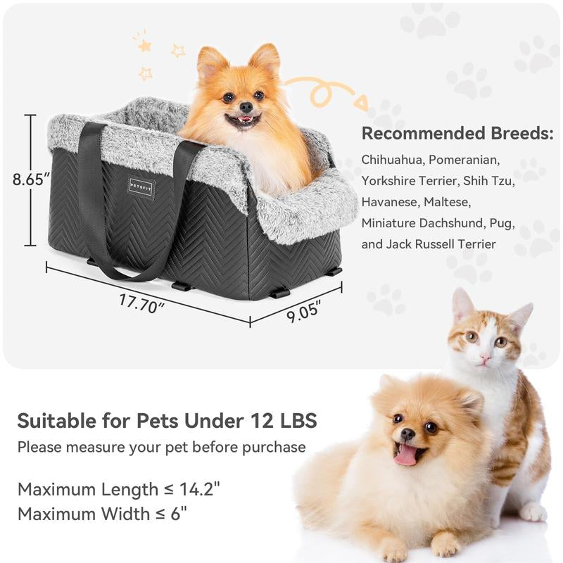 PETSFIT Luxury Dog Car Seat: Center Console W/Dual Safety Hooks & Tether for Small Pets (12Lbs). Portable Secure Travel