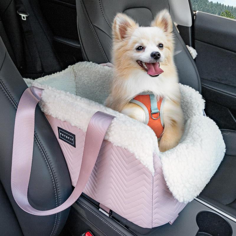 PETSFIT Luxury Dog Car Seat: Center Console W/Dual Safety Hooks & Tether for Small Pets (12Lbs). Portable Secure Travel
