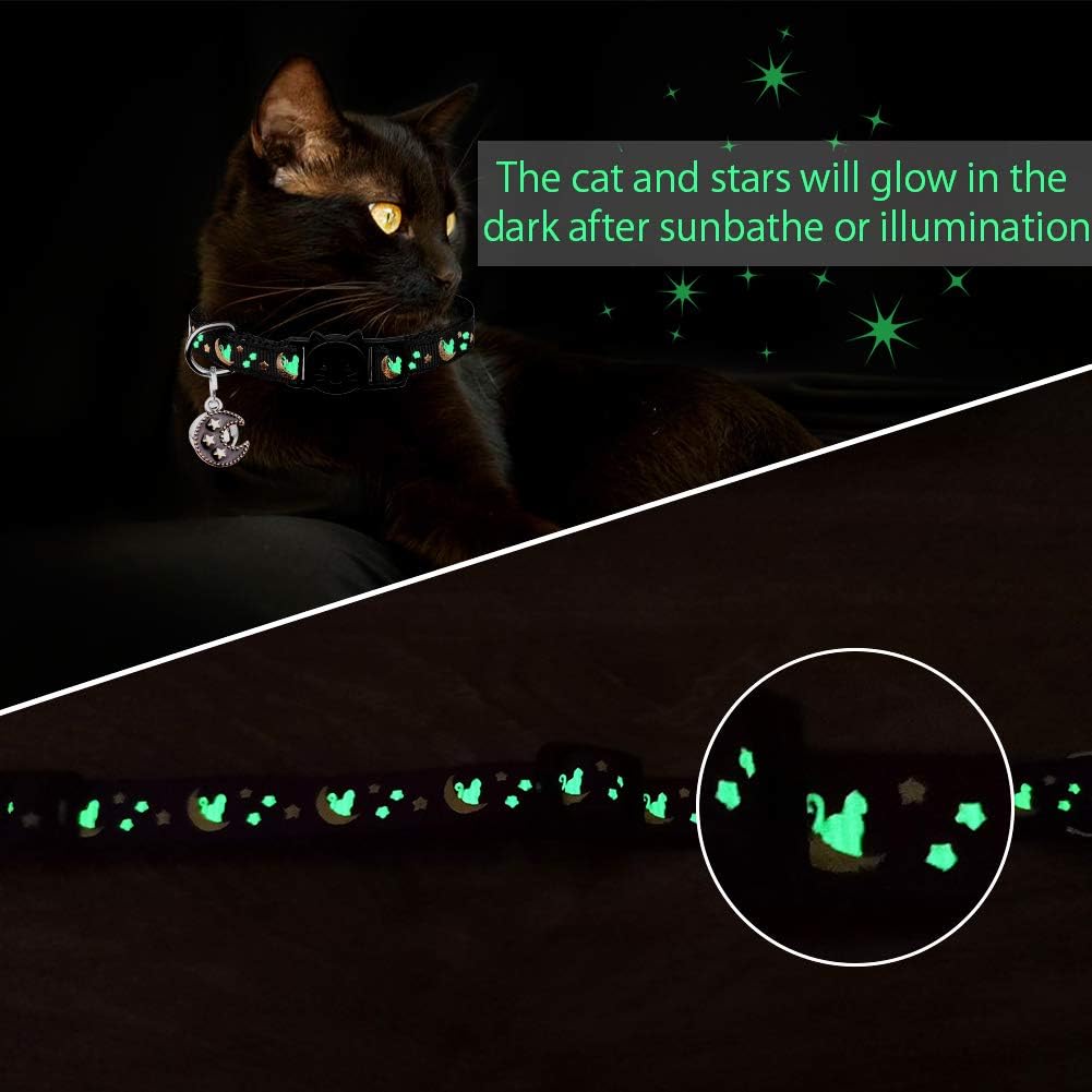 2pcs Glow-in-the-Dark Cat Collars – Breakaway, Bell & Moon Pendant (Purple & Black)