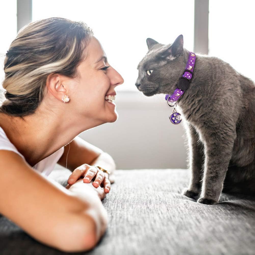 2pcs Glow-in-the-Dark Cat Collars – Breakaway, Bell & Moon Pendant (Purple & Black)