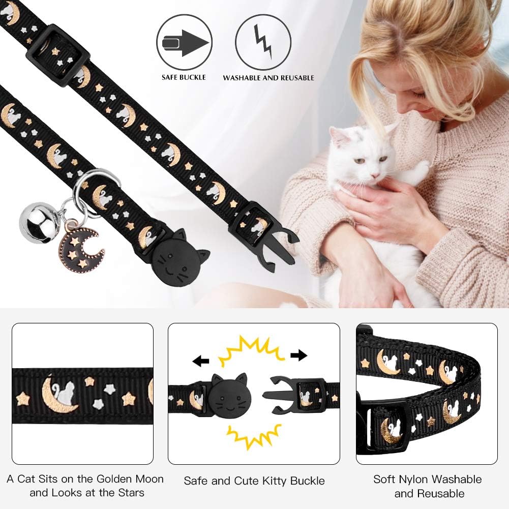 2pcs Glow-in-the-Dark Cat Collars – Breakaway, Bell & Moon Pendant (Purple & Black)