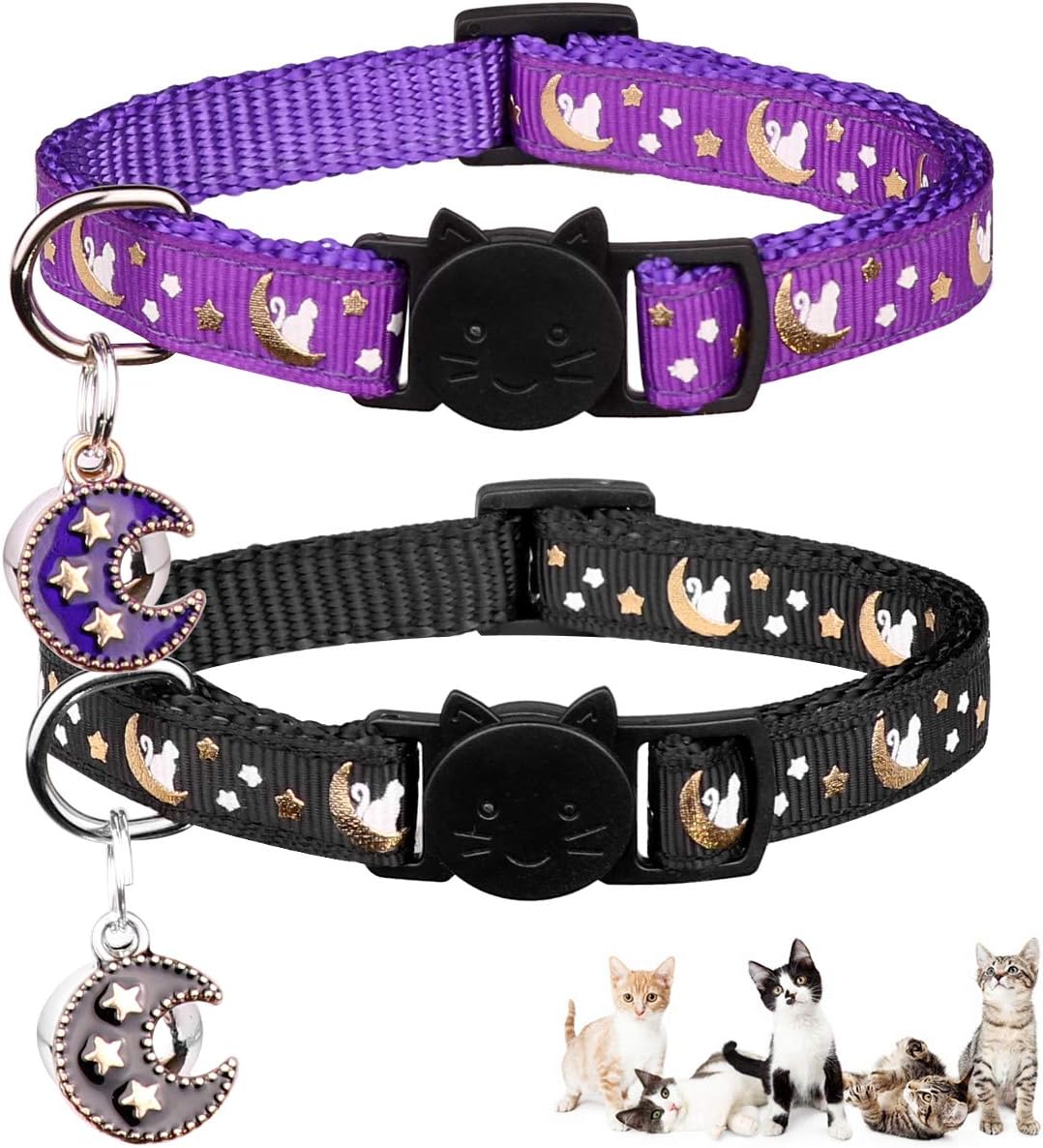 2pcs Glow-in-the-Dark Cat Collars – Breakaway, Bell & Moon Pendant (Purple & Black)