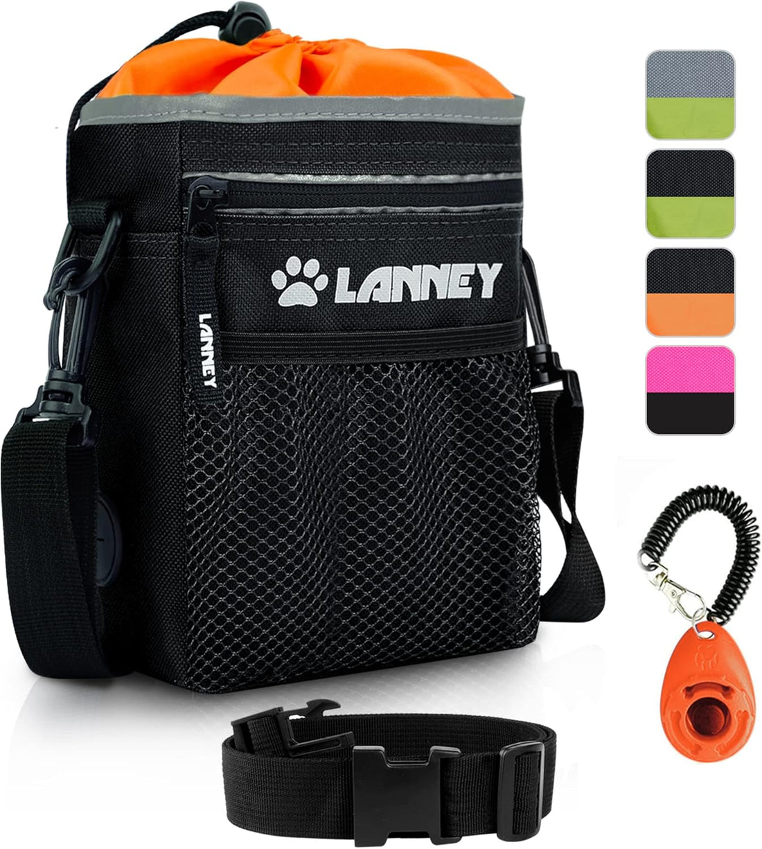 Pet Training Treat Bag – Waist & Shoulder Strap, Metal Clip, Black/Orange