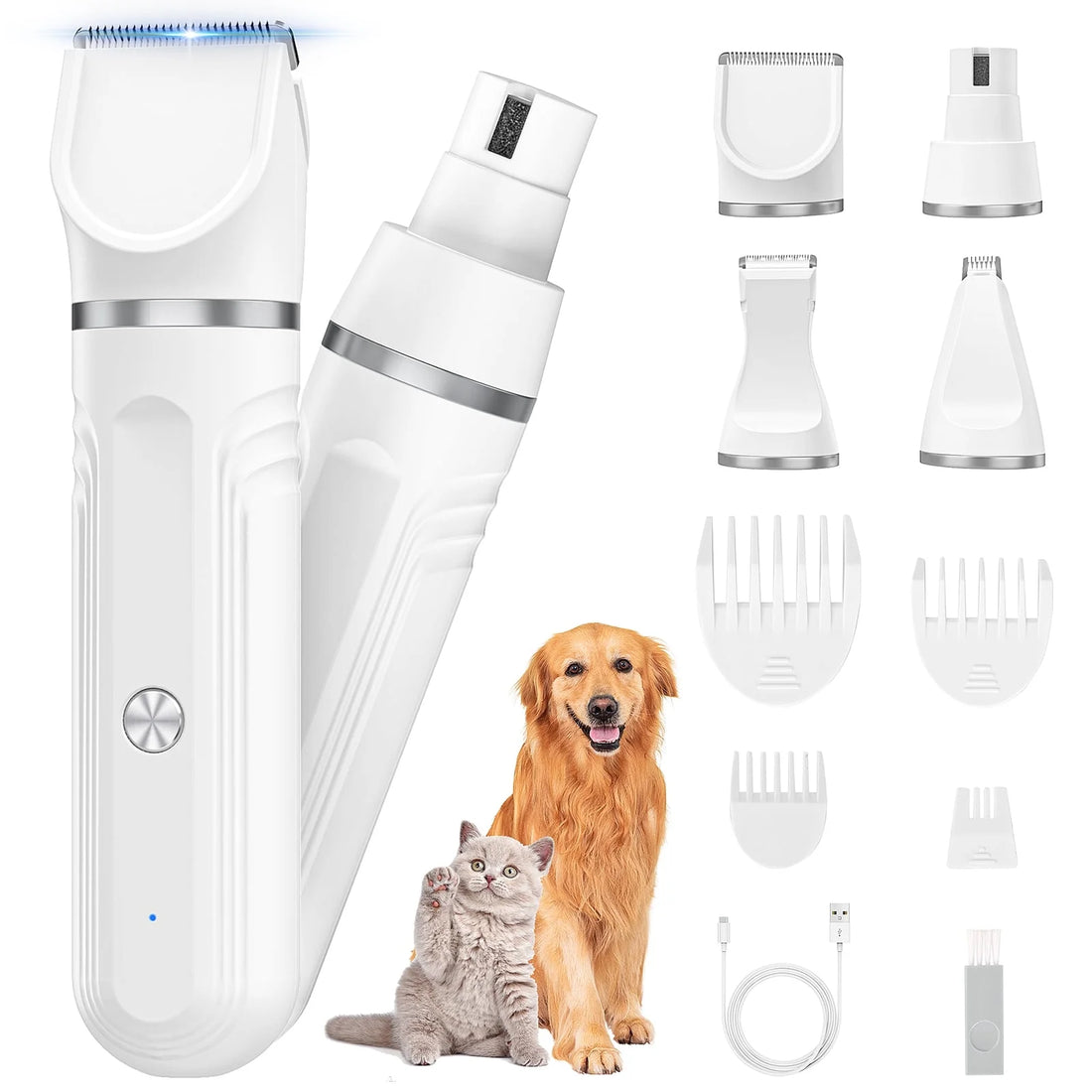 4-in-1 Cordless Dog Clippers – Low Noise Trimmer & Nail Grinder for Grooming Paws, Ears, Eyes & Face