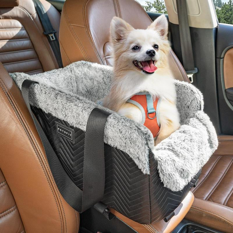 PETSFIT Luxury Dog Car Seat: Center Console W/Dual Safety Hooks & Tether for Small Pets (12Lbs). Portable Secure Travel