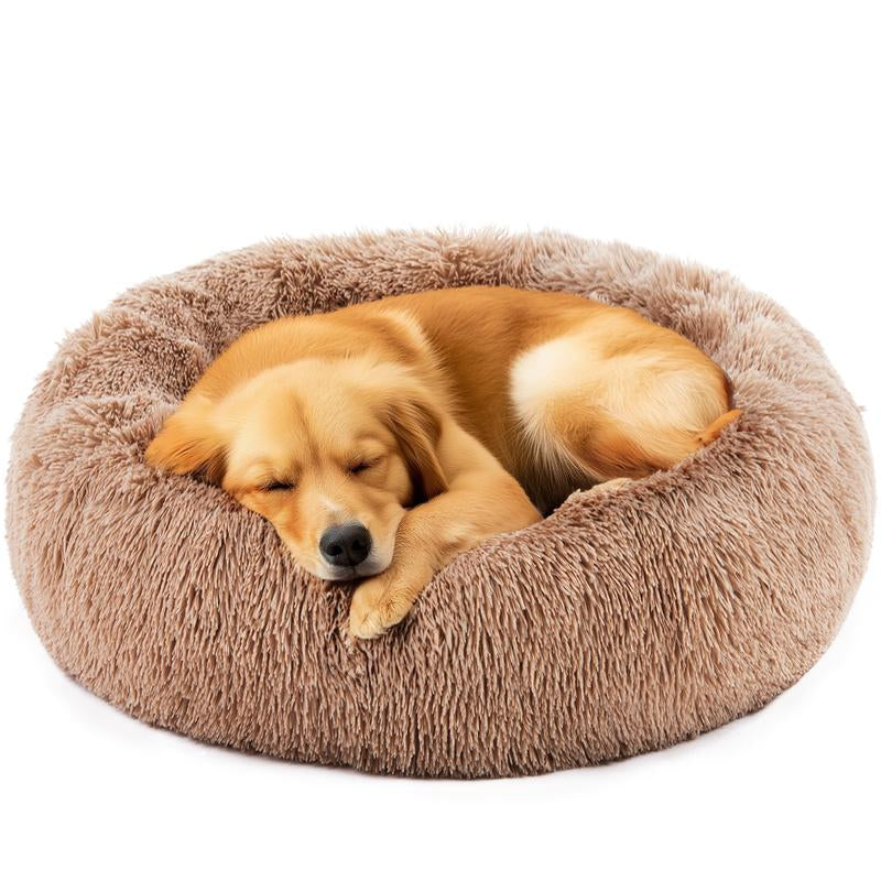 Calming Donut Bed for Small Pets – Faux Fur, Anti-Anxiety, Waterproof & Non-Slip, Brown, 20×20×8 in