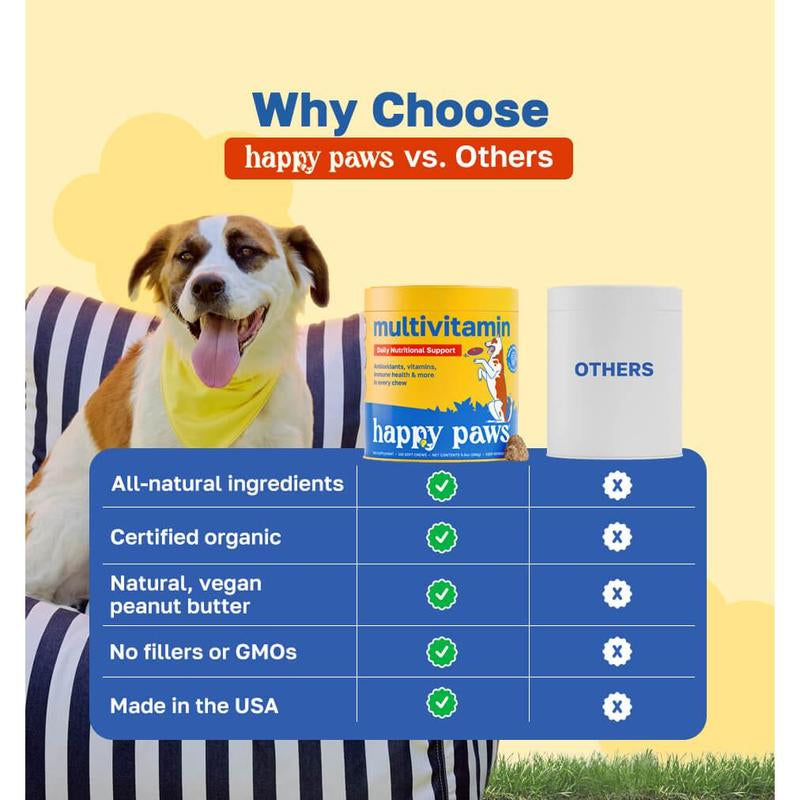 Happy Paws: 10 in 1 Multivitamin for Dogs, 100 Lamb-Flavored Soft Chews, Essential Vitamins for Skin, Coat, Digestion, Mobility, Overall Health