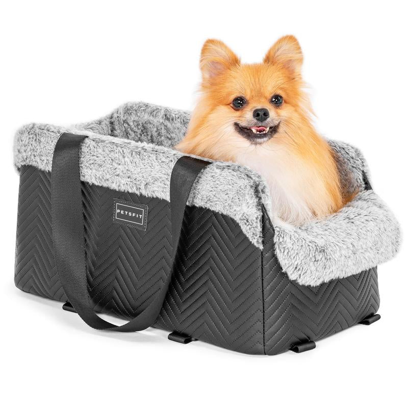 PETSFIT Luxury Dog Car Seat: Center Console W/Dual Safety Hooks & Tether for Small Pets (12Lbs). Portable Secure Travel