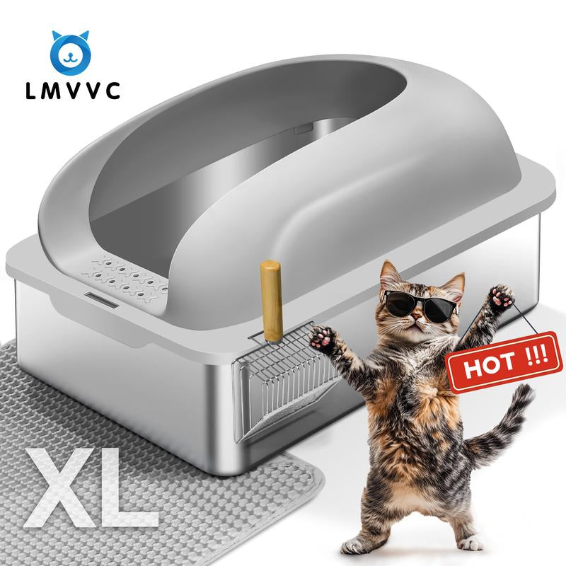 LMVVC Stainless Steel Cat Litter Box, Cat Toilet, XL, Easy to Clean, Non-Sticky, Include Cat Mat and Litter Scoop Pet Supplies