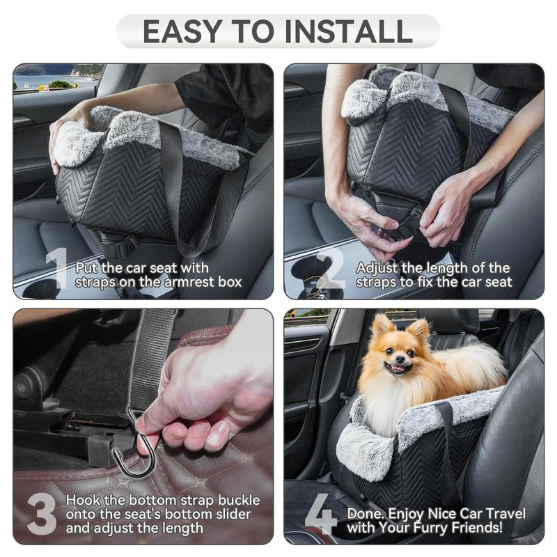 PETSFIT Luxury Dog Car Seat: Center Console W/Dual Safety Hooks & Tether for Small Pets (12Lbs). Portable Secure Travel