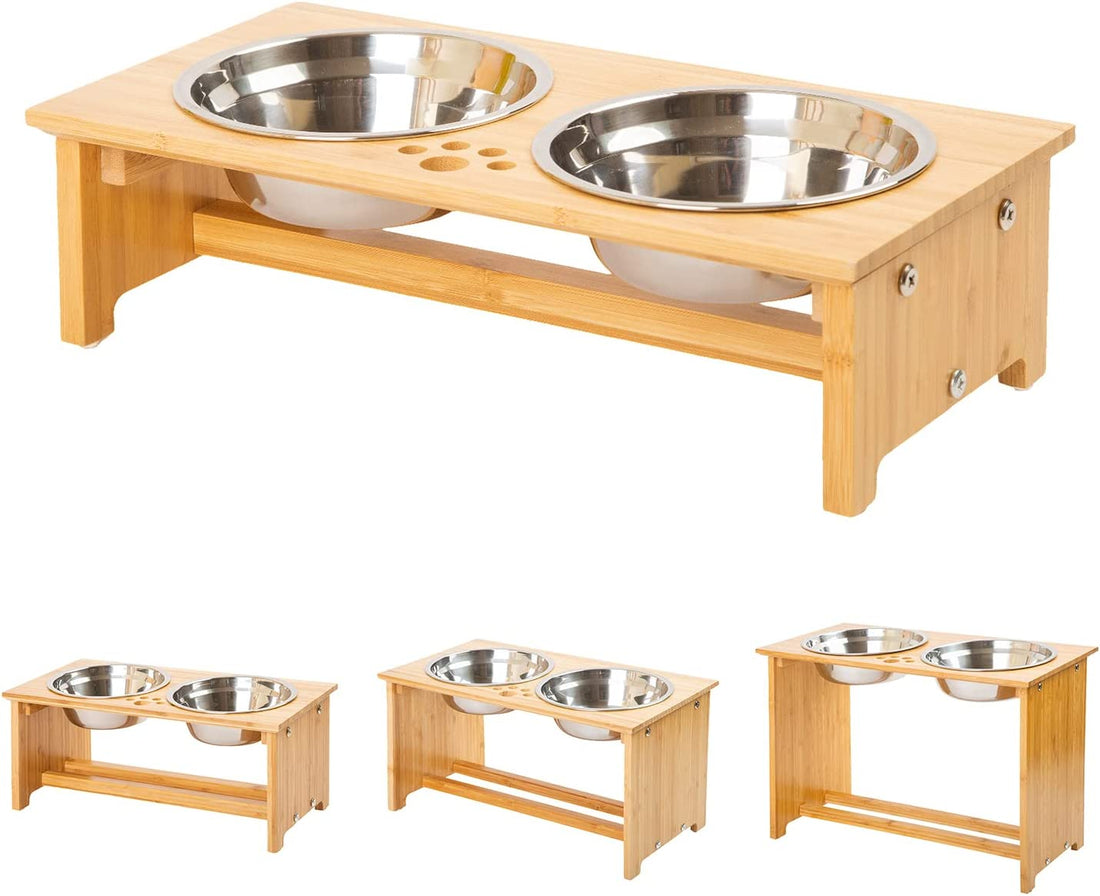 Elevated Cat & Small Dog Bowls – Bamboo Feeder with Steel Bowls