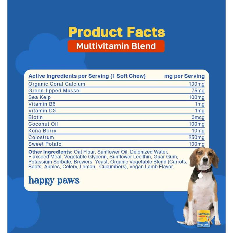 Happy Paws: 10 in 1 Multivitamin for Dogs, 100 Lamb-Flavored Soft Chews, Essential Vitamins for Skin, Coat, Digestion, Mobility, Overall Health