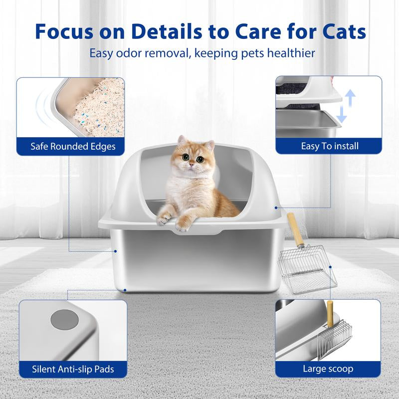 LMVVC Stainless Steel Cat Litter Box, Cat Toilet, XL, Easy to Clean, Non-Sticky, Include Cat Mat and Litter Scoop Pet Supplies