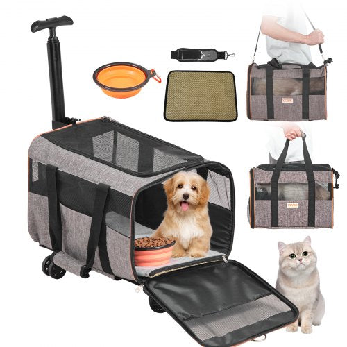 VEVOR Pet Carrier with Wheels – Airline Approved, Telescopic Handle, and Folding Bowl (Grey)