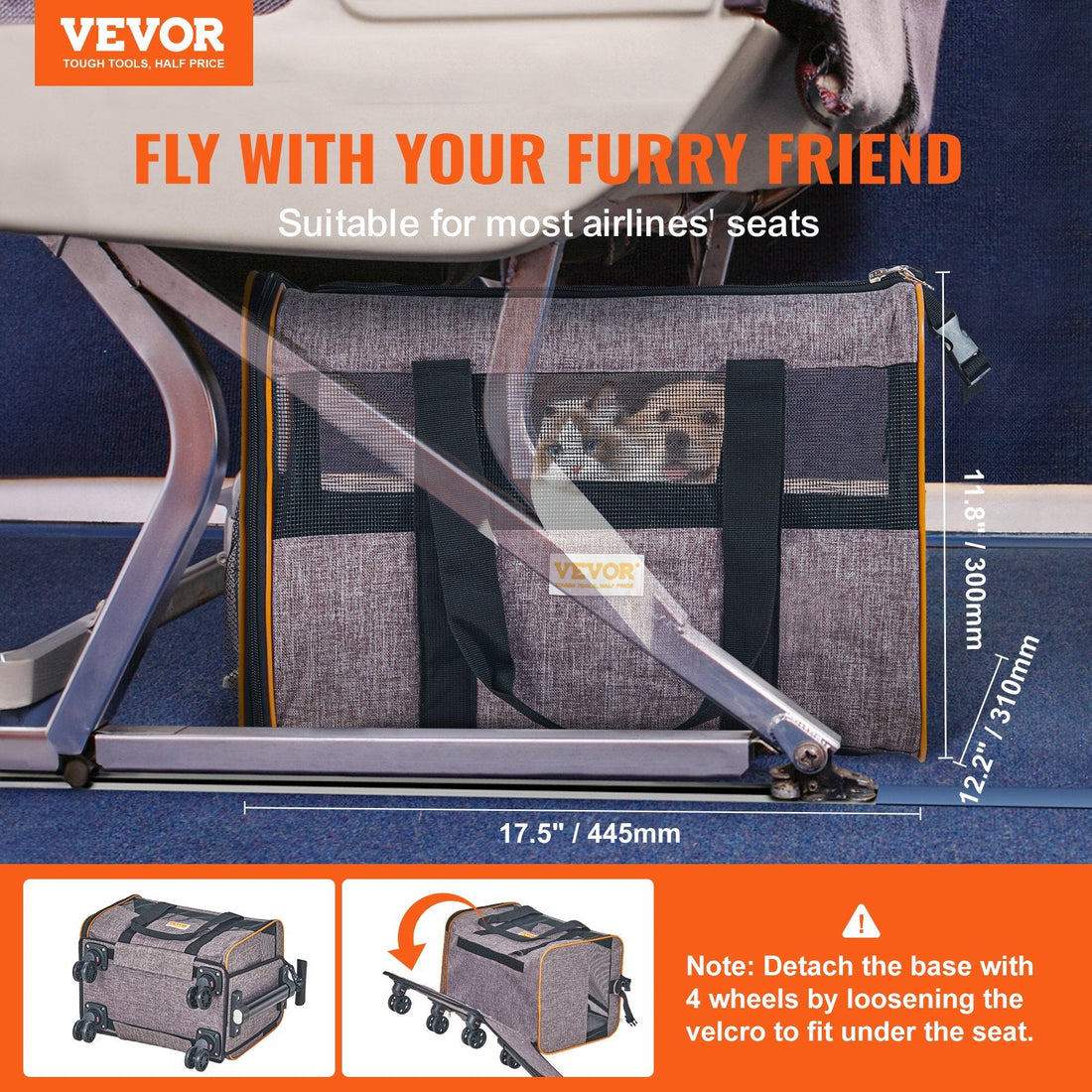 VEVOR Pet Carrier with Wheels – Airline Approved, Telescopic Handle, and Folding Bowl (Grey)