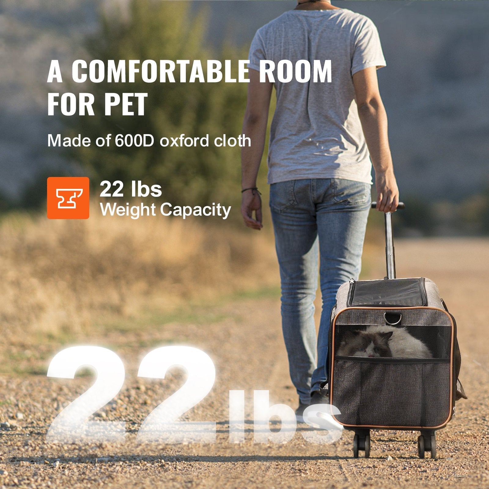 VEVOR Pet Carrier with Wheels – Airline Approved, Telescopic Handle, and Folding Bowl (Grey)