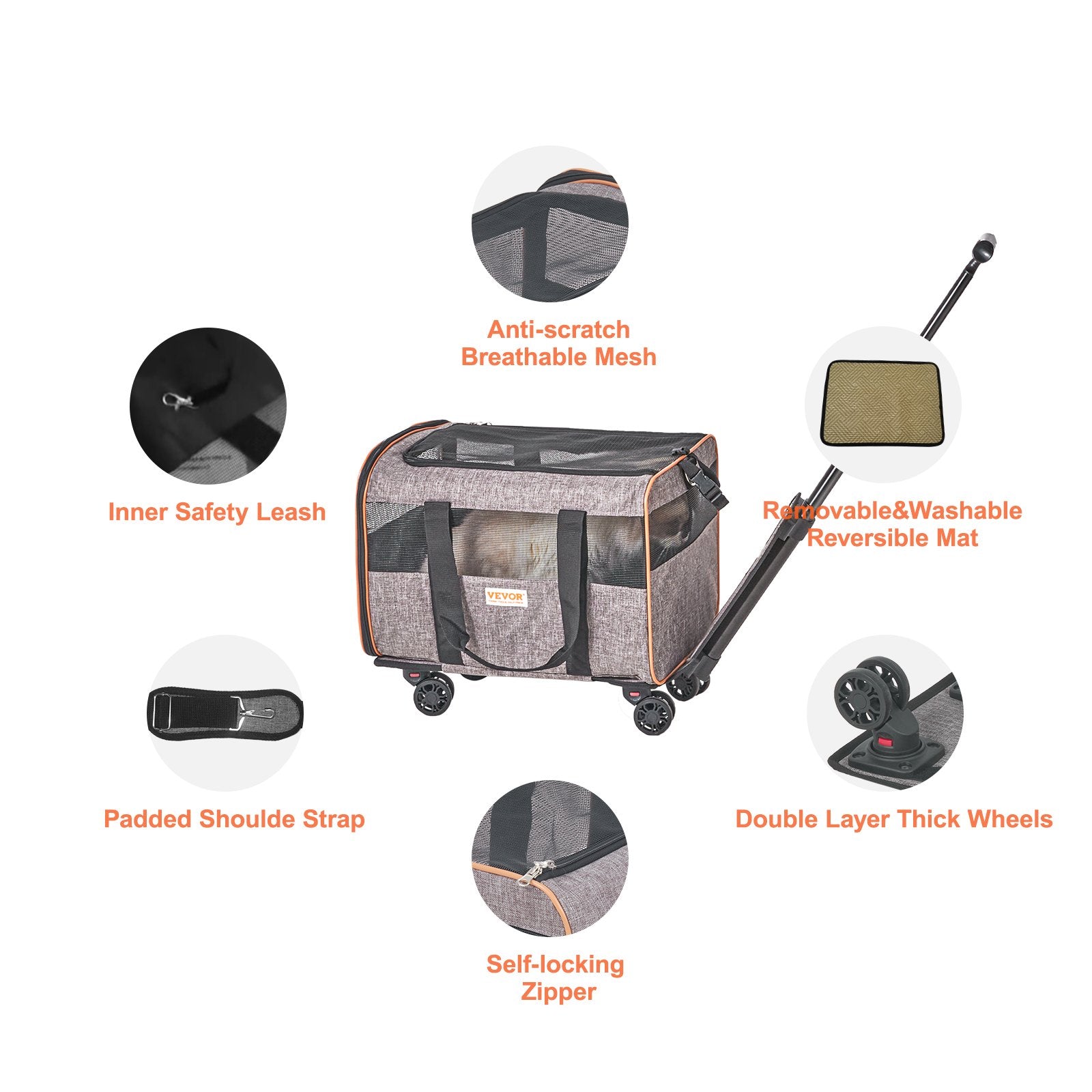 VEVOR Pet Carrier with Wheels – Airline Approved, Telescopic Handle, and Folding Bowl (Grey)